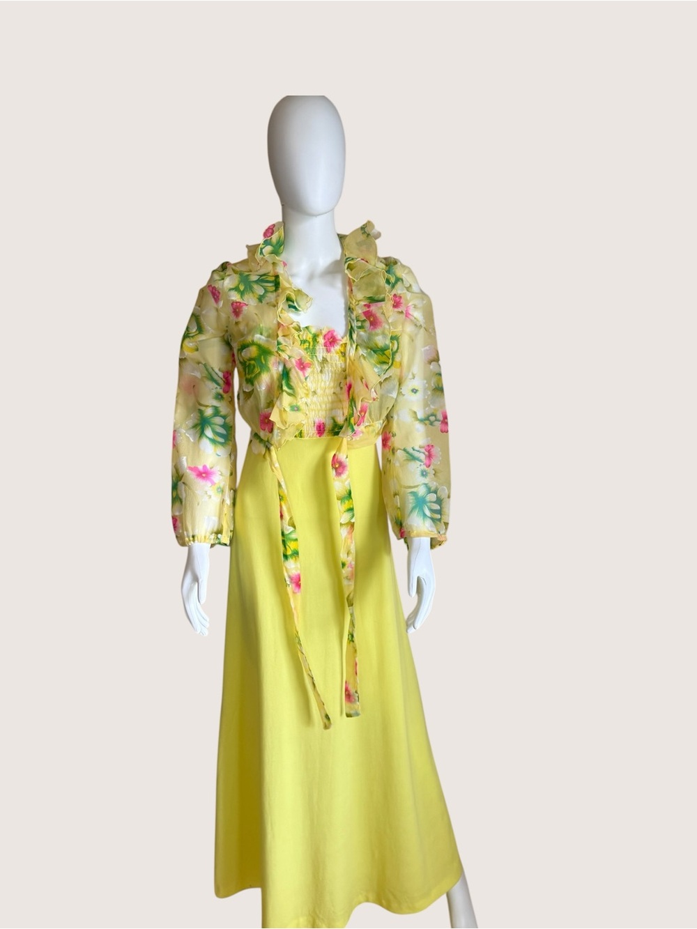 Vintage 1970"s Yellow Floral Maxi Dress with Cover - SZ S